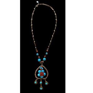 Brassy Bohemian Style Necklace with Blue & Red floral design